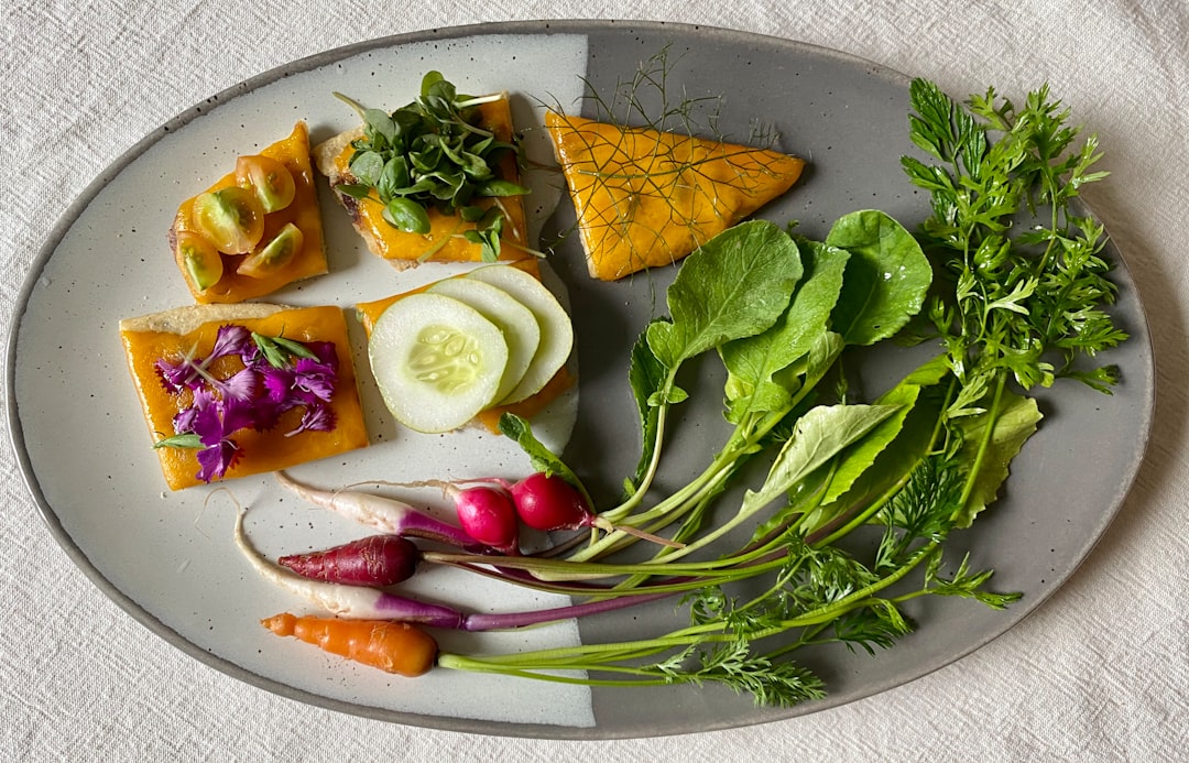 Algerian kissra bread breakfast plate with a summer garden harvest